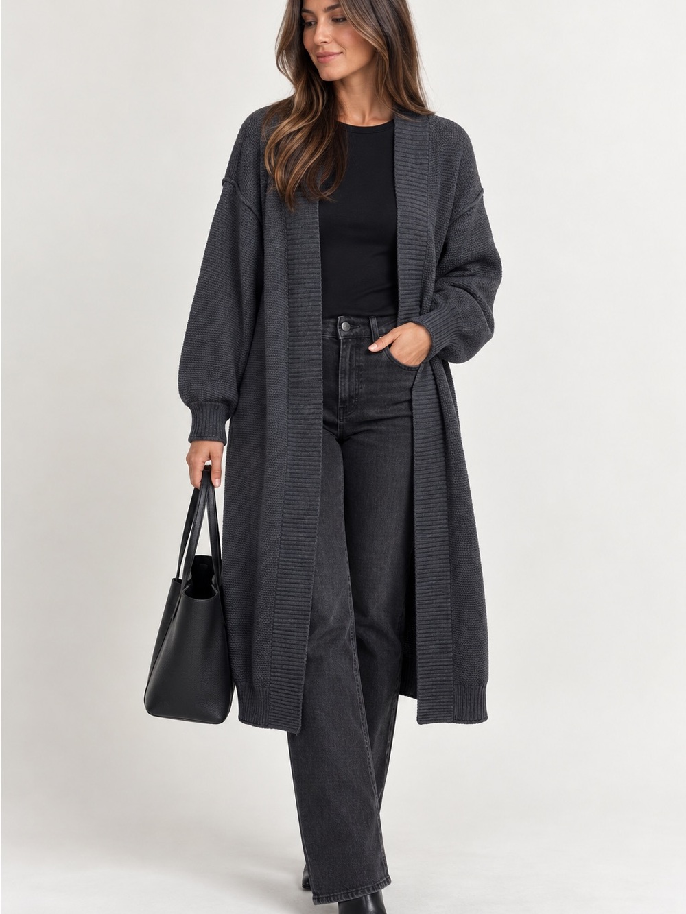 Anthropologie Flat White Gray Long Duster Cardigan Sweater Women One Size